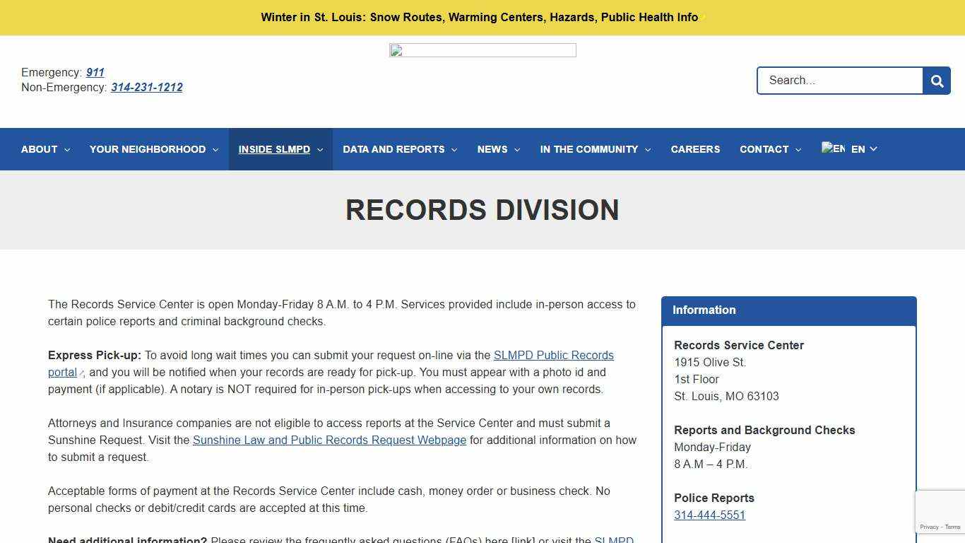 Records Service Center - St. Louis Metropolitan Police Department